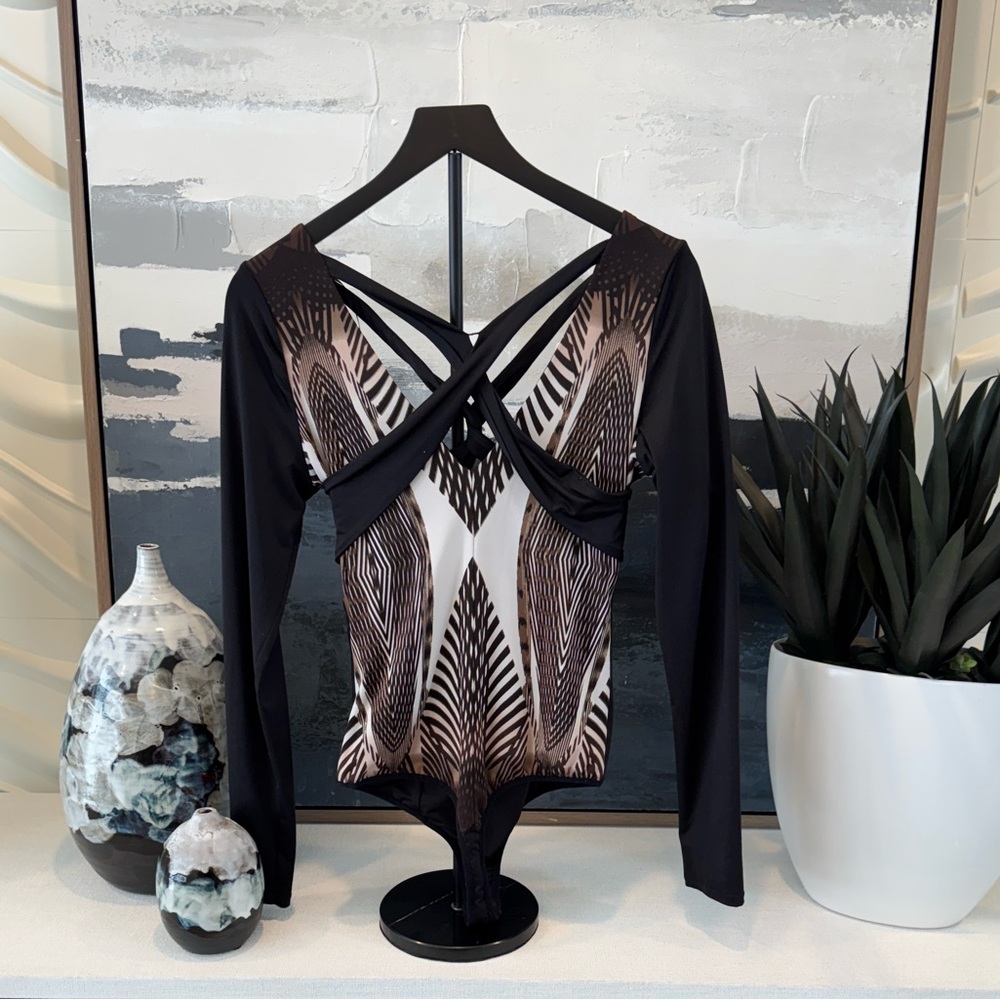 Bebe Black and White Patterned bodysuit